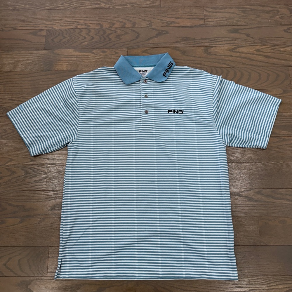 Ping Men's Light Blue and White Striped Polo
